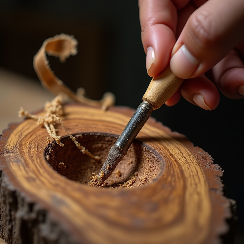 Detalle del proceso de tallado en madera para flauta